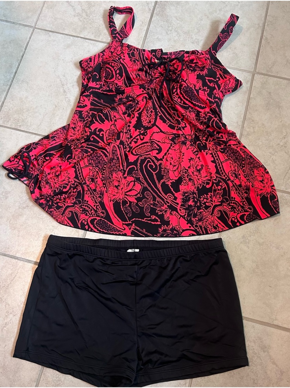 Black & Pink Floral A-line Tankini with short bottoms